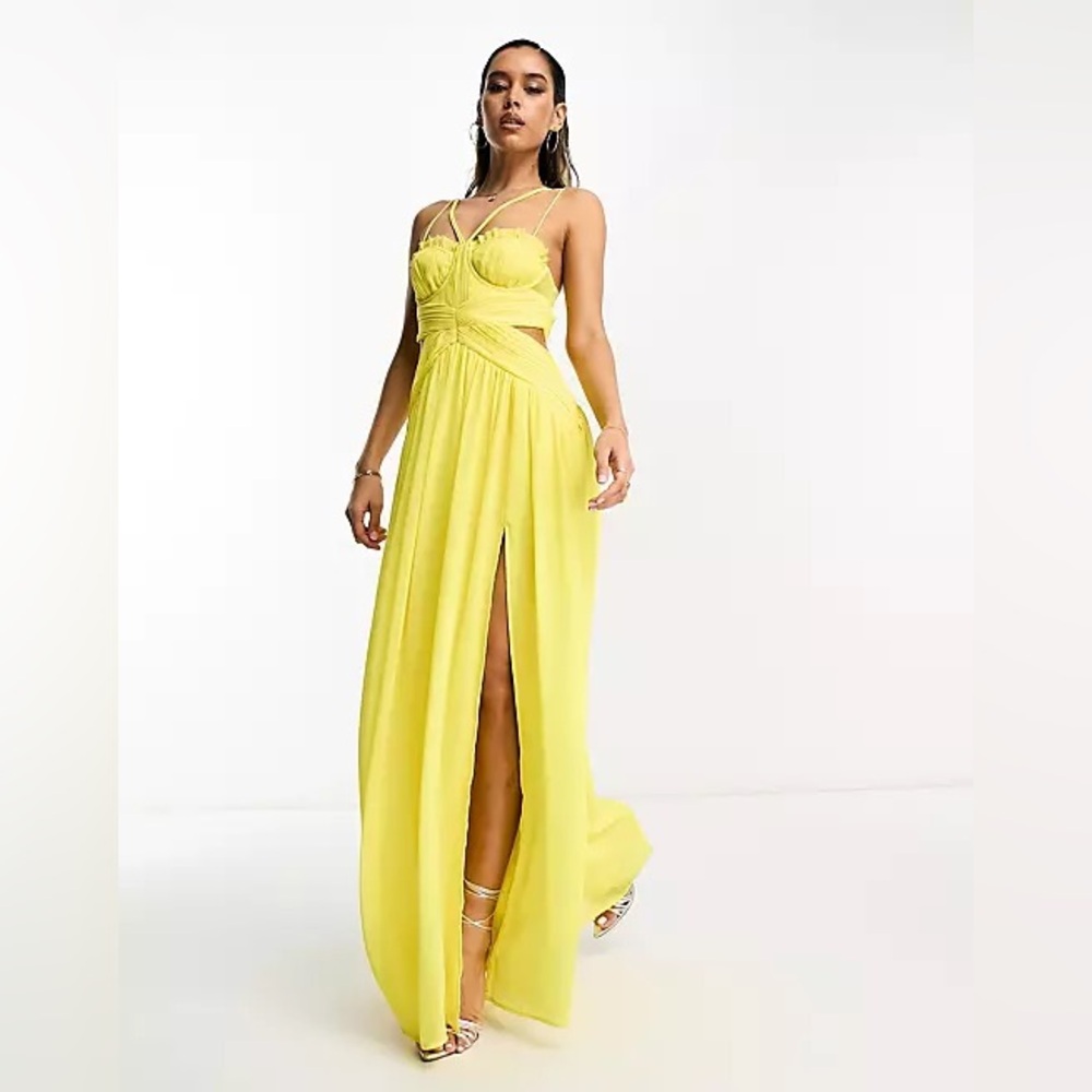 ASOS DESIGN ruched bust strappy cut out maxi skater dress in yellow 6